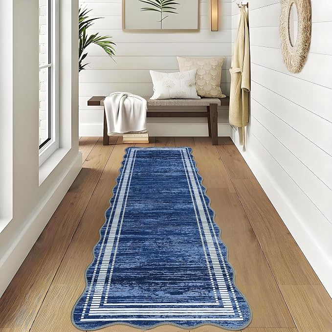 Garvee Scalloped Washable Runner Rugs for Hallway 2x6 Kitchen Runner Rug, Non Sip Bathroom Soft Rug Runner, Low Pile Modern Abstract Scalloped Indoor Carpet for Entryway Laundry Room Foyer, Navy Blue
