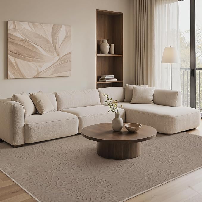 GENIMO Soft Washable Area Rugs 8x10, 3D Modern Floral Rugs for Living Room, High-Low Pile Textured Non Slip Fuzzy Shag Carpet, Non-Shedding Stain Resistant Light Brown Rugs for Bedroom, Dining Room