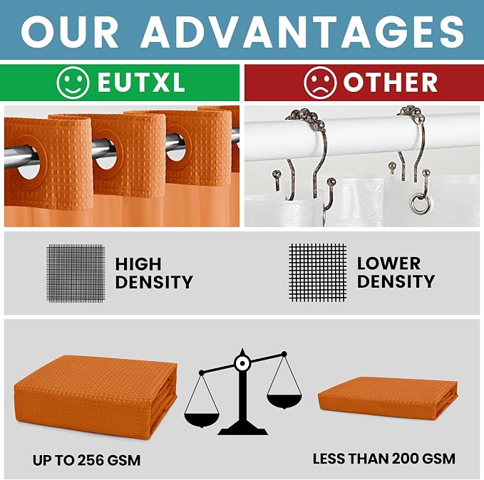 EUTXL Heavyweight Burnt Orange No Hook Shower Curtain with Snap in Liner,256GSM Waffle Weave Shower Curtains for Bathroom,71W x 74H