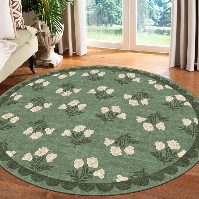Sage Green 4ft Round Entry Rug - Soft Washable Floral Boho Vintage Scalloped Round Rug for Bedroom Non Slip Stain Resistant Circle Area Rugs for Living Room Entryway Bathroom Nursery Kids Room