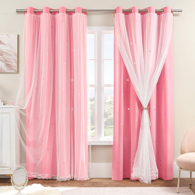XiDi Pink Curtains for Girls Bedroom Living Room 108 Inches Long 2 Panels Princess Kids Nursery Room Decor Blackout Baby Pink Curtains for Kids Toddler Princess Grommet Window Drapes 34x108