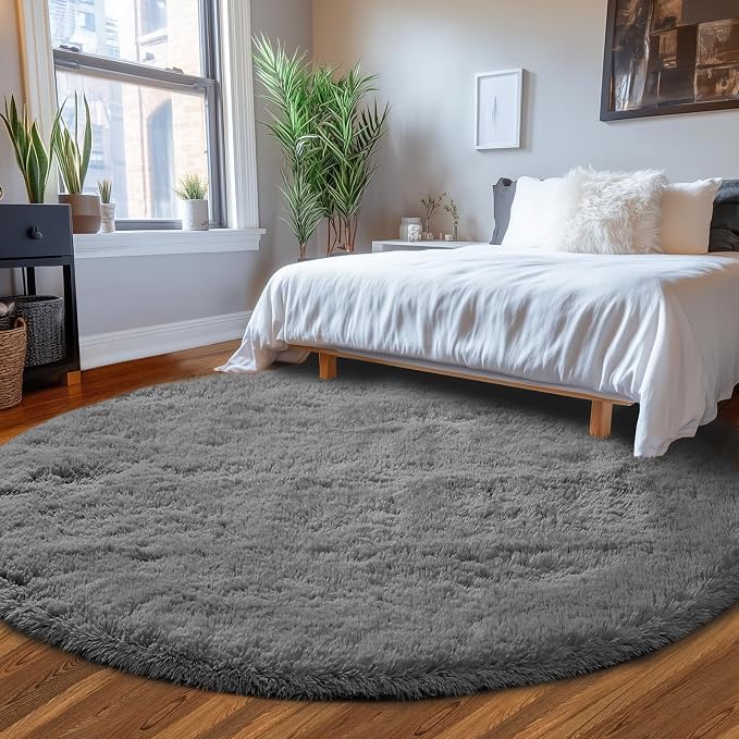 Grey Round Fluffy Rug 8Ft: Shag Grey Area Rugs for Living Room- Circle Large Plush Soft Gray Rugs for Living Room- 8x8 Feet Fuzzy Modern Carpets for Bedroom, Kids Room Decor
