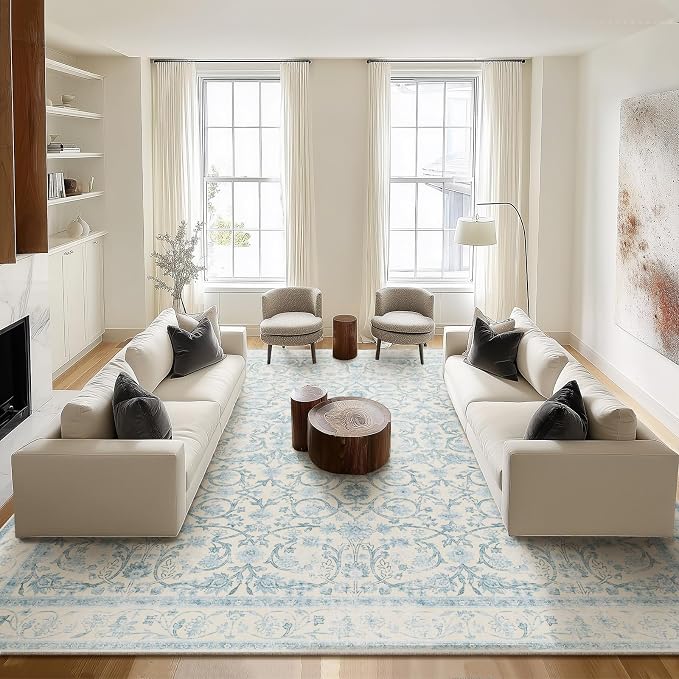 Washable Rugs for Living Room: 10x14 Area Rugs for Bedroom Ultra Soft Non-Slip Low Pile Vintage Boho Large Carpet for High-Traffic Dining Room - Farmhouse Decor