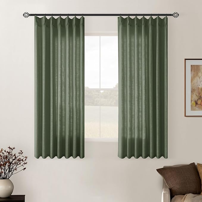 Olive Green Pinch Pleat Linen Semi Sheer Curtains 45 Inch Length 2 Panels | for Small Kitchen Windows, Rustic Country Boho, Light Filtering Privacy Semi Sheer, Pinch Pleated Back Tab Curtains, 40x45