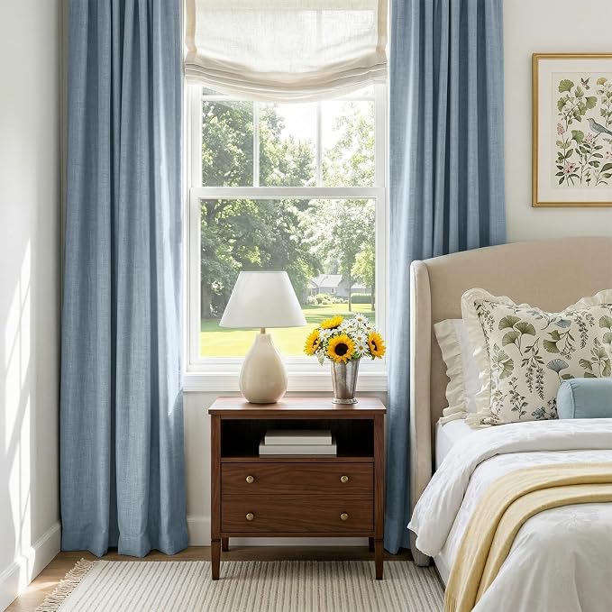 100% Blackout Shield Dusty Blue Linen Blackout Curtains for Bedroom 84 Inches Long, Back Tab/Rod Pocket Living Room Drapes, Thermal Insulated Blackout Curtains 2 Panels Set, 50" W x 84" L