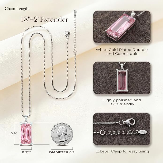 8mm x 16mm Square Birthstone Pendant Necklace – Fashion charming Sterling Silver Gift for women
