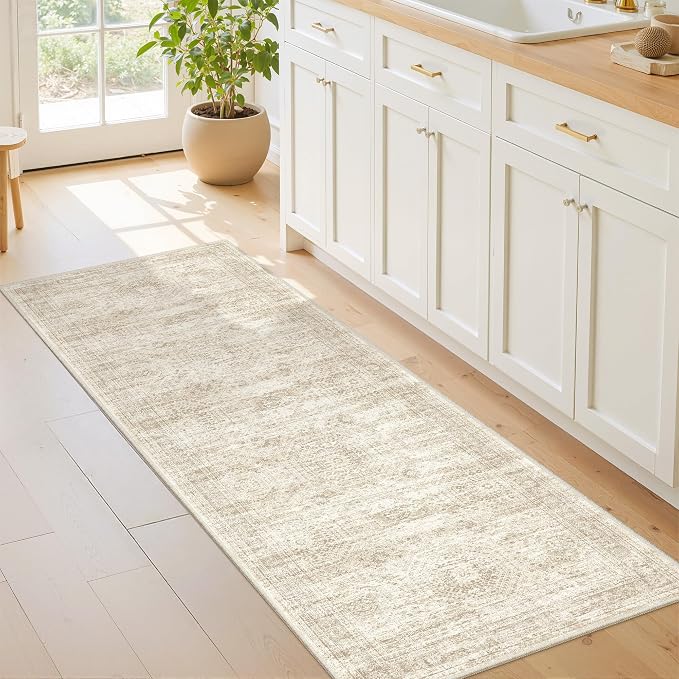 2x6 Runner Rug Non Slip,Washable Hallway Runner Rug,Beige | Neutral Rugs for Kitchen,Entryway,Bedroom,Bathroom,Nursery Room,Thin,Soft Runner Rug,Stain Resistant Indoor Carpet