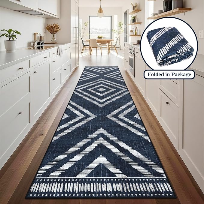 2x10Ft Boho Hallway Rug Runners Non Slip, Navy Blue Geometric Washable Kitchen Runner Rugs, Soft Thin Modern Farmhouse Entrance Floor Carpets for Entryway Doorway Bedroom Home Decor