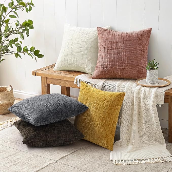 decorUhome Textured Chenille Throw Pillow Covers 20x20 Set of 2 Pink | Fall Modern Farmhouse Soft Cozy Slubby Couch Pillow Cases Boho Decorative Pillow Cases for Bed Sofa Living Room Home Decor