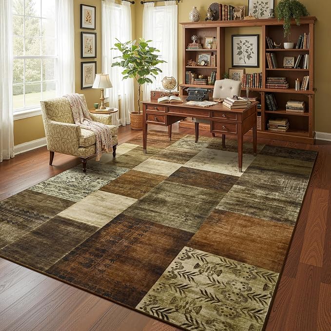 DweIke Washable Area Rugs 9x12 for Living Room, Large Modern Geometric Brown Soft Patchwork Carpet, Non-Slip Stain Resistant Throw Rug for Bedroom Dining Room Office Home Decor