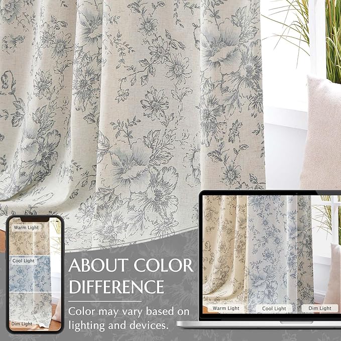 jinchan Grey Floral Linen Blackout Curtains Lined 84 Inch Back Tab 2 Panels | Blackout lining, room darkening drapes, farmhouse, vintage, cottagecore, rustic, bedroom, living room, window treatment
