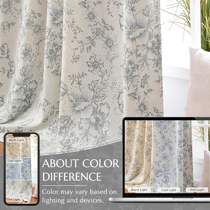 jinchan Grey Floral Linen Blackout Curtains Lined 90 Inch Back Tab 2 Panels | Blackout lining, room darkening drapes, farmhouse, vintage, cottagecore, rustic, bedroom, living room, window treatment