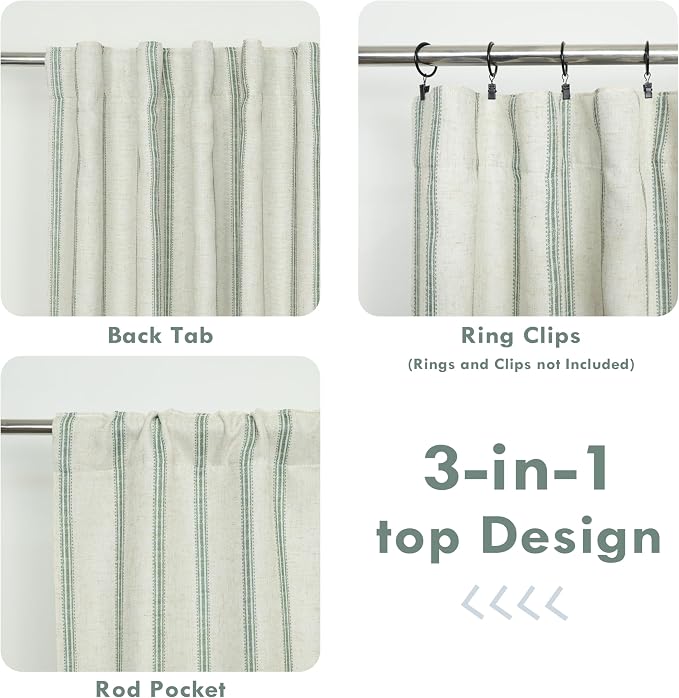 DriftAway Farmhouse Stripe Blackout Curtains, W52xL63, Loden Green | Blackout, Linen Texture, Stripe Pattern, Rod Pocket & Back Tab, Two Layers, Bedroom Living Room Use, Sound Reducing Design