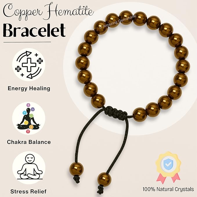 Amazing Gemstone Copper Hematite Bracelet, Gifts for Men & Women - Protection Healing Crystal Bracelet - 8mm Gemstone Beaded Adjustable Bracelet, Pulseras para Hombres Mujer Stocking Stuffers