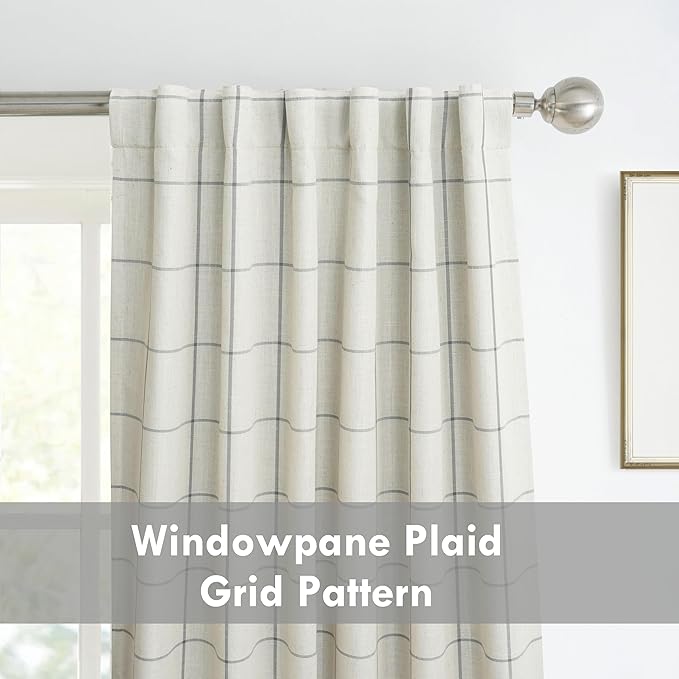 DriftAway 100% Blackout Plaid Linen Curtains 63 Inches Long 2 Panels Gray | 100% Blackout, Linen Texture, Plaid Pattern, Two Layers, Rod Pocket & Back Tab, Bedroom Living Room Use, Luxury Appearance