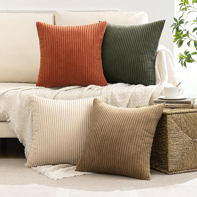 MIULEE Boho Farmhouse Throw Pillow Covers 20x20 Inch Set of 4 Western Modern Decorative Cushion Covers Soft Corduroy Fall Home Decor for Couch Bed Sofa Living Room Rust-Olive Green Gradient Series