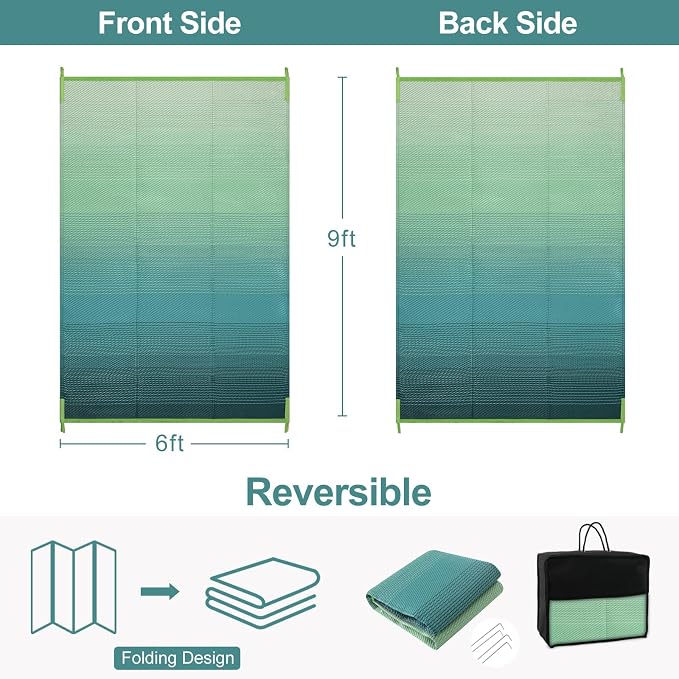 Lahome Outdoor Patio Rug Waterproof 6x9,Plastic Straw Rug Reversible,Large Porch Carpet Floor Decor,Portable Outside Camping Mats for Picnic Balcony Tent Deck, Blue-Green 6x9