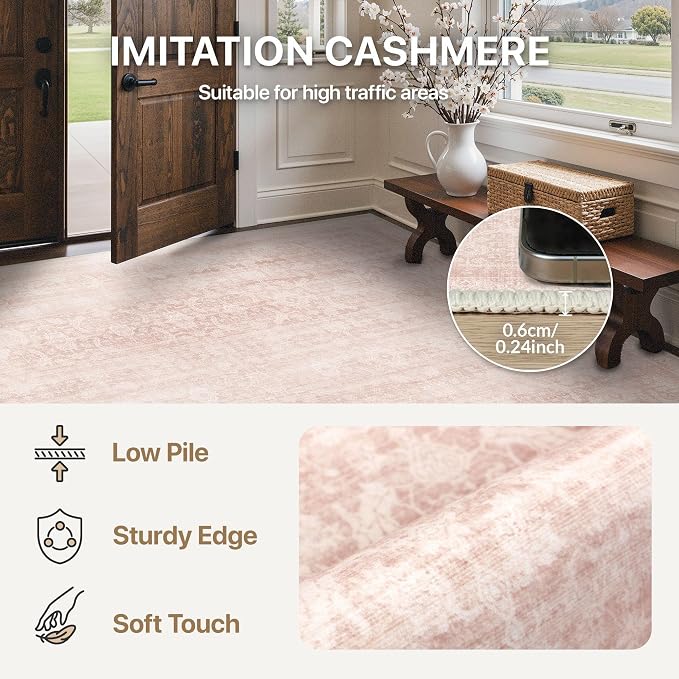 BESBLEE 3X5 Area Rugs Machine Washable Rugs for Living Room, Vintage Boho Large Rugs for Bedroom Dining Room, Non Slip Indoor Soft Distressed Lightweight Thin Low Pile Carpet, Pink