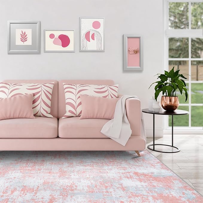 Pink Rug Carpet 8x10 Area Rugs for Bedroom Girls: Washable Modern Rug for Living Room Dining Room Non Slip Low Pile 8 by 10 Indoor Abstract Home Office