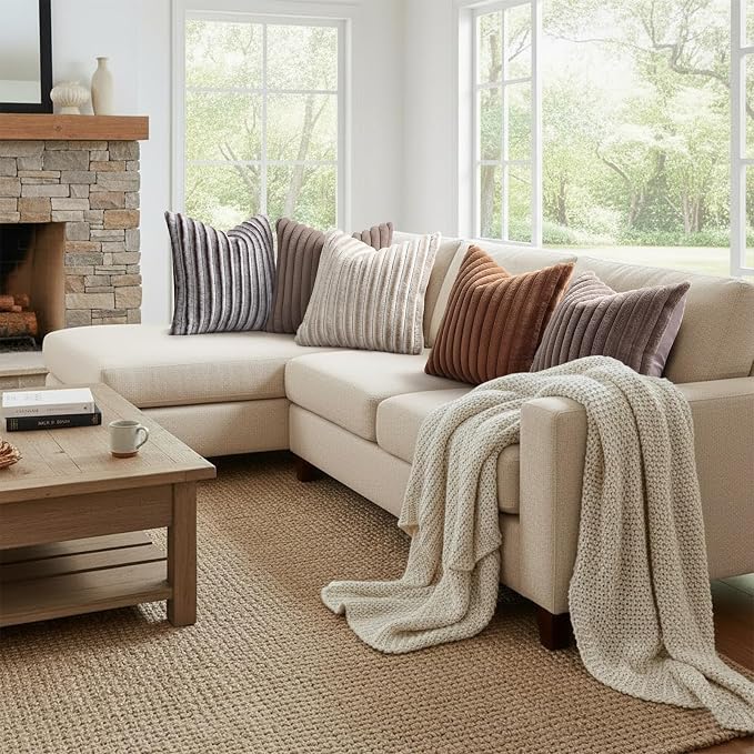 decorUhome Fall Faux Fur Throw Pillow Covers 12x20 Set of 2 Beige White | Decorative Soft Cozy Striped Plush Modern Farmhouse Boho Couch Pillow Cases Velvet Back for Sofa Bed Living Room Home Decor