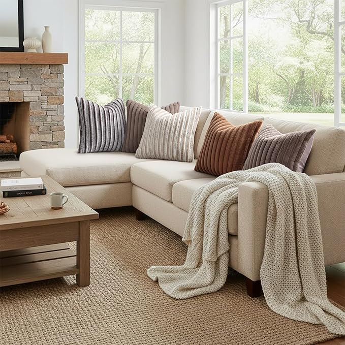 decorUhome Fall Faux Fur Throw Pillow Covers 26x26 Set of 2 Brown | Decorative Soft Cozy Striped Plush Modern Farmhouse Boho Couch Pillow Cases Velvet Back for Sofa Bed Living Room Home Decor