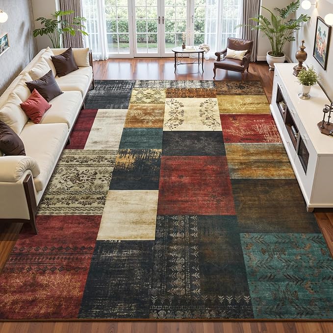 DweIke Washable Area Rugs 4x6 for Living Room, Modern Geometric Colorful Soft Patchwork Carpet, Non-Slip Stain Resistant Throw Rug for Bedroom Dining Room Office Home Decor
