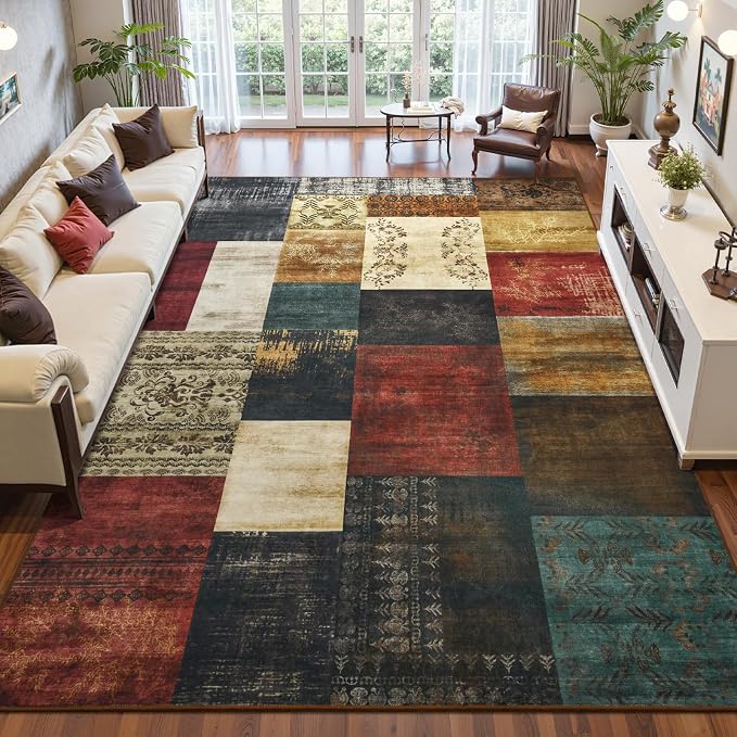 DweIke Washable Area Rugs 9x12 for Living Room, Large Modern Geometric Colorful Soft Patchwork Carpet, Non-Slip Stain Resistant Throw Rug for Bedroom Dining Room Office Home Decor