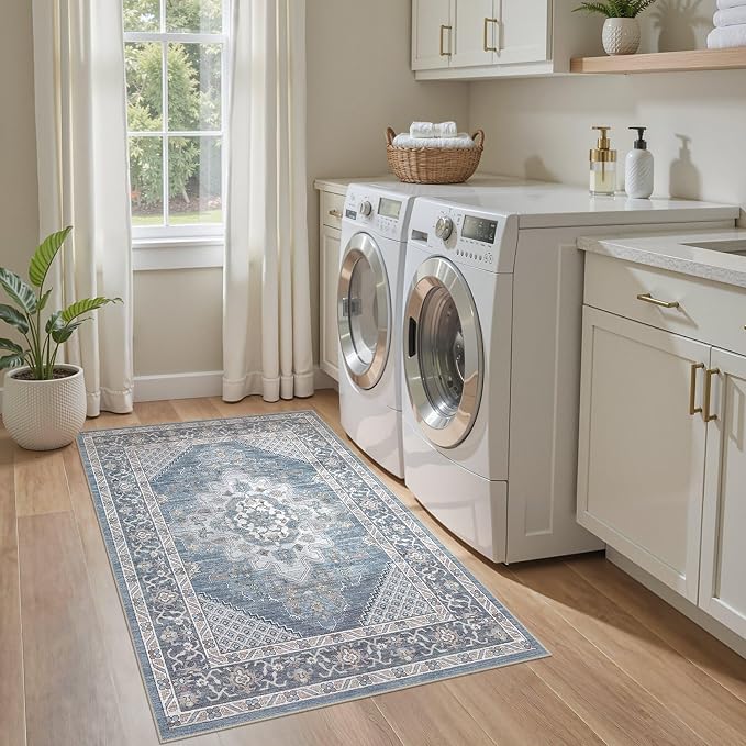Tortania Area Rug Living Room Rugs - 3x5 Washable Rug Vintage Oriental Distressed Farmhouse Small Thin Indoor Carpet for Living Room Bedroom Under Dining Table Home Office - Blue