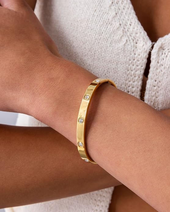 PAVOI Waterproof Bracelet for Women - 14K Gold Plated Bangle with Cubic Zirconia - Stainless Steel Hinge Bracelet Jewelry Gifts