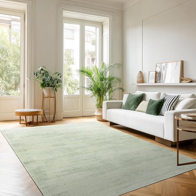 Sage Green Rug for Bedroom Abstract Washable 8x10 Area Rugs with Low Pile | Light Green and Cream, with Non Slip Foldable, Boho Cottage Core Modern, Carpet for Living Room Playroom, Rubber Backing