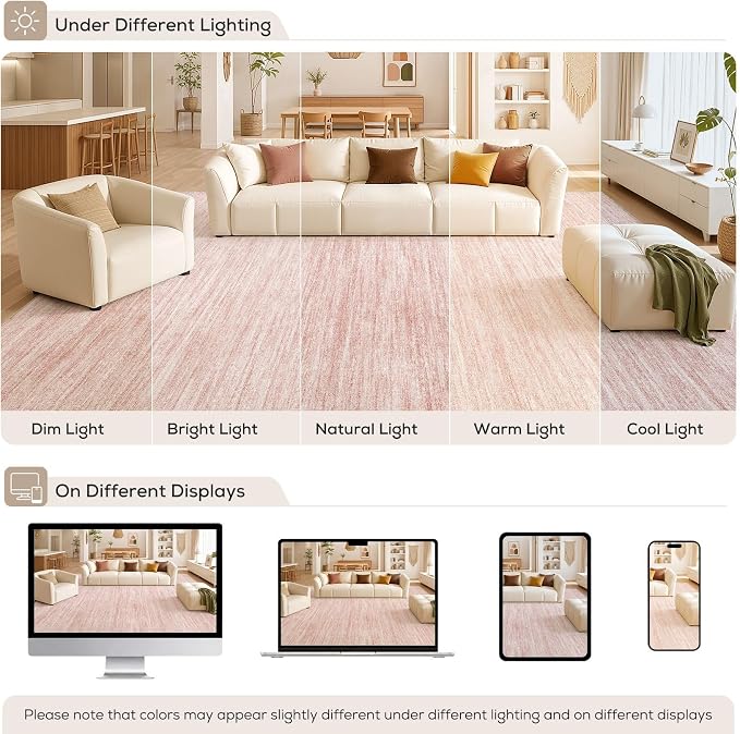 Nakagishi 10X12 Area Rugs Living Room: Washable Large Vintage Rug Neutral Non-Slip Soft Stain Resistant Indoor Carpet for Bedroom Nursery Dining Room Office Playroom - Pink