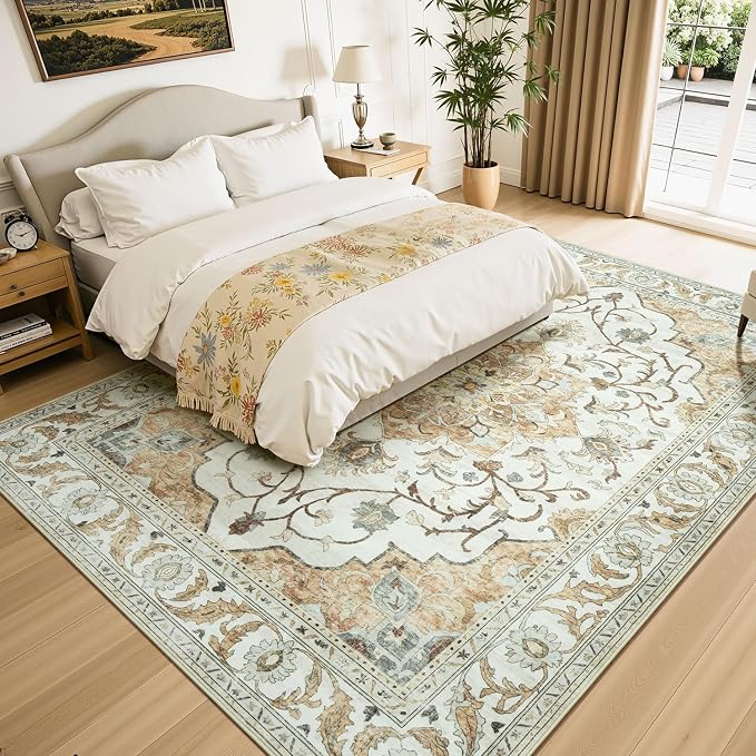 Lessymo Washable Area Rug for Living Room,8x10 Large Rugs with Non-Slip Backing,Soft Boho Carpets for Bedroom Dining Room Nursery Home Office,Light Beige