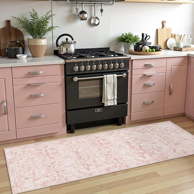 Pink 2x5 Runner Rug for Hallways Bed Side Kitchen, Boho Washable Distressed Low-Pile Floor Entryway Long Bathroom Mat, Non-Slip Laundry Room Washstand Front Carpet 24x60 Inch