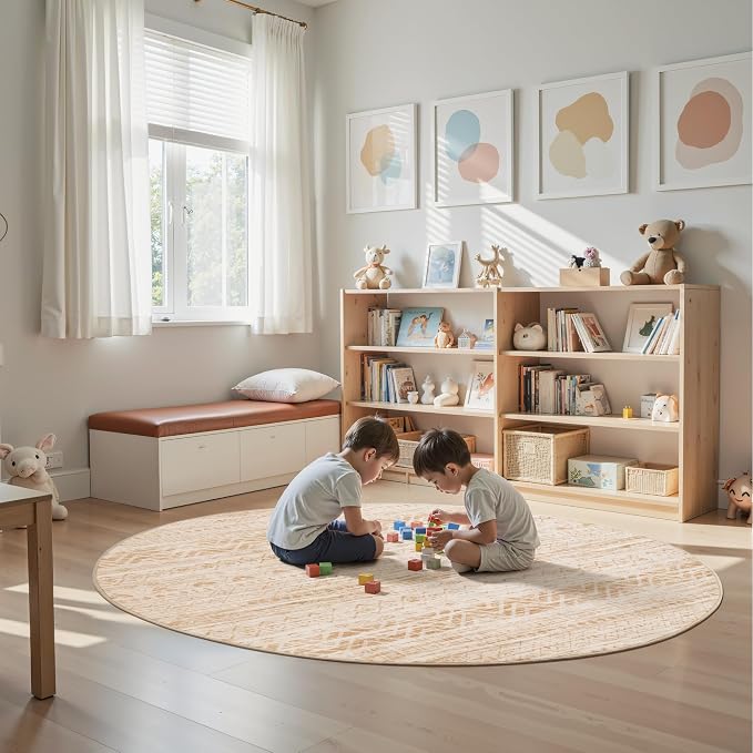 Miukiki Round Rugs 8ft Washable Moroccan Circle Rug for Living Room Non Slip Indoor Floor Carpet Foldable Area Rug for Dining Room with Low Pile(Beige,8'x8')