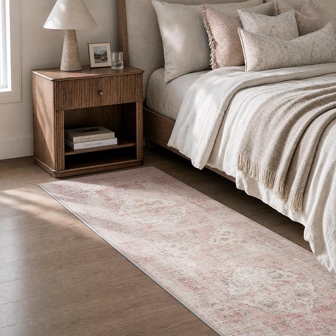AMOAMI-2X10 Runner Rug-Washable Runners for Hallways-Soft Non Slip Bedside Rugs for Bedroom-Vintage Long Rug for Hallways Entryway Laundry Room Stair Kitchen Bathroom Pink