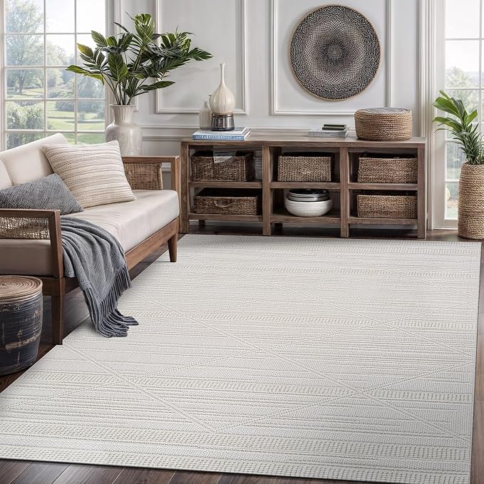 CAMILSON Micro Loop Rug 5x7 Modern Luxury Geometric Pattern Area Rugs Soft High and Low Pile Stain Resistant Easy-Cleaning Non-Shedding for Living Room Office Indoor Carpet (5 x 7 / White)