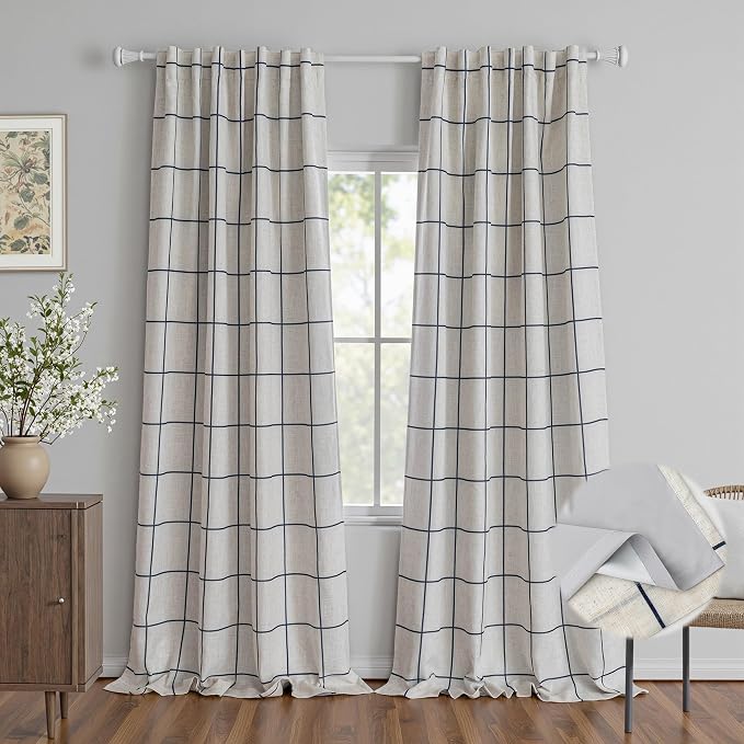 MYSKY HOME 100% Blackout Navy Blue Plaid Linen Farmhouse Curtains 95 Inches Long for Dining Room Double Layer Thermal Insulated Striped Print Drapes with Rod Pocket Back Tab, 2 Panels, Wide 52 Inch
