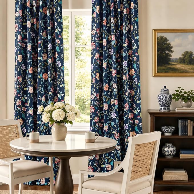 jinchan Dark Blue Floral Blackout Curtains 96 Inch Back Tab 2 Panels | Room darkening, light blocking, elegant vintage drapes, botanical floral print, bedroom, living room, window treatment