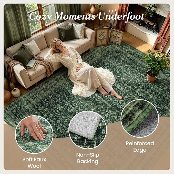 9x12 Area Rugs for Living Room Bedroom, Washable Large Rugs Non-Slip | Vintage Distressed Retro; Low Pile; Stain Resistant; Neutral Boho Carpet for Dining Room, Nursery, Home Office; Moss Green