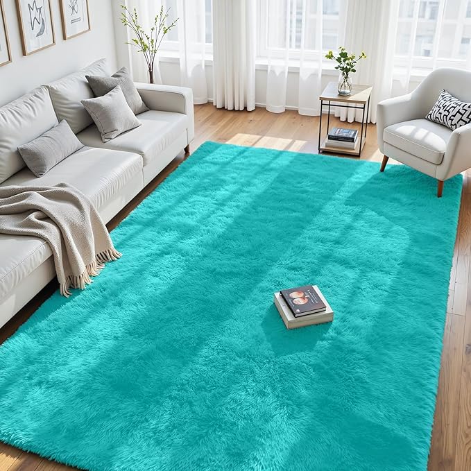 8x10 Area Rug for Living Room, Ultra Soft Fluffy Turquoise Rugs for Bedroom, Non Slip Large Shag Carpet, Fuzzy Plush Nursery Rug, Thick Washable Indoor Floor Carpets for Kids Office Dorm Home Decor