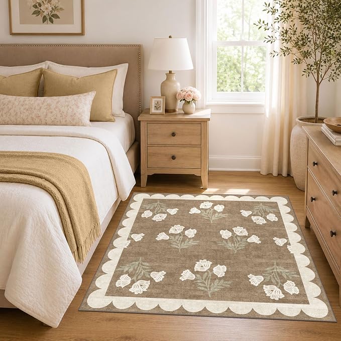 Tan Square Rug 4ft - Soft Washable Boho Farmhouse Square Entryway Rug Non Slip 4x4 Stain Resistant Cottage Floral Scalloped Throw Rugs for Living Room Bedroom Dining Room Bathroom Nursery