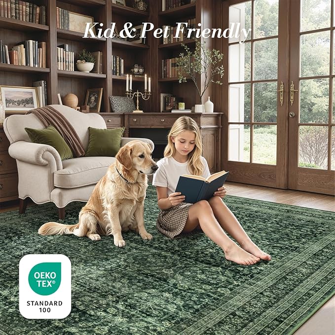 5x7 Area Rugs for Living Room Bedroom, Washable Large Rugs Non-Slip | Vintage Distressed Retro; Low Pile; Stain Resistant; Neutral Boho Carpet for Dining Room, Nursery, Home Office; Moss Green