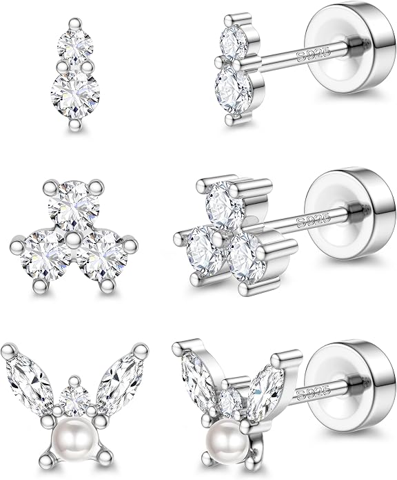 ORAZIO 925 Sterling Silver Flat Back Stud Earrings for Women Hypoallergenic 14K Gold Plated Cartilage Earrings for Sensitive Ears Small CZ Opal Conch Helix Tragus Piercing Jewelry 3 Pairs 20G