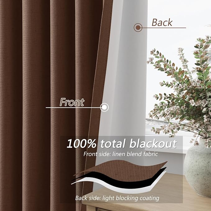 Guken 100% Blackout Curtains 72 Inch Length 2 Panels Set for Living Room Bedroom Back Tab Thermal Insulated Black Out Linen Drapes Room Darkening Window Curtains 72 Inches Long,Rustic Brown