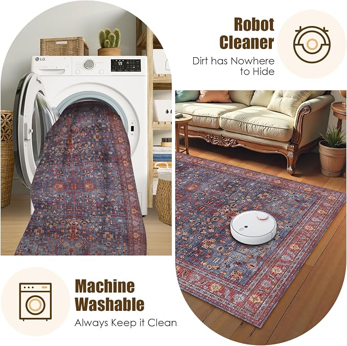 Washable Area Rug 9' x 12' Vintage Traditional Persian Mat - Foldable Distressed Non-Slip Machine Washable Carpet for Living Room Bedroom Kitchen Home Decor - Indigo and Crimson