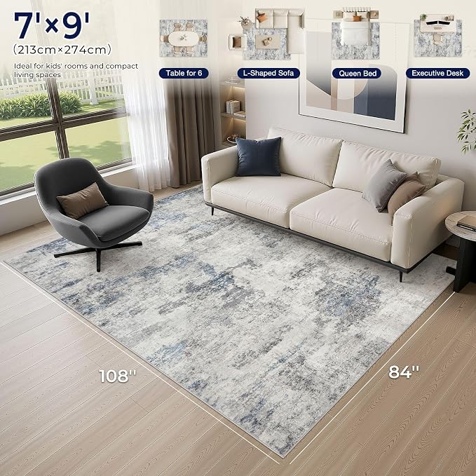 DMOYEST 7x9 Area Rugs for Living Room, Washable Large Abstract Rug, Non Slip Low Pile Indoor Carpet, Kid & Pet Friendly Neutral Modern Rugs for Bedroom Dining Room - Grey Blue