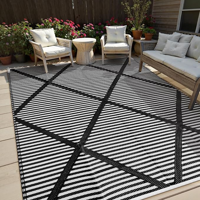Lahome Outdoor Rug 8x10 Patio Waterproof, Plastic Straw Reversible Rv Rugs for Outside, Large Portable Porch Decor Camping Carpet for Balcony Tent Travel, Black 8'x10'
