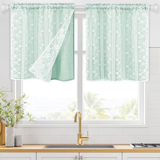 ASPMIZ Linen Kitchen Tier Curtains 24 Inch Length, Double Layered Kitchen Curtains 2 Panel Sets Rod Pocket Short Window Curtain, Farmhouse Window Treatment Curtain for Bathroom, Cafe, Mint Green