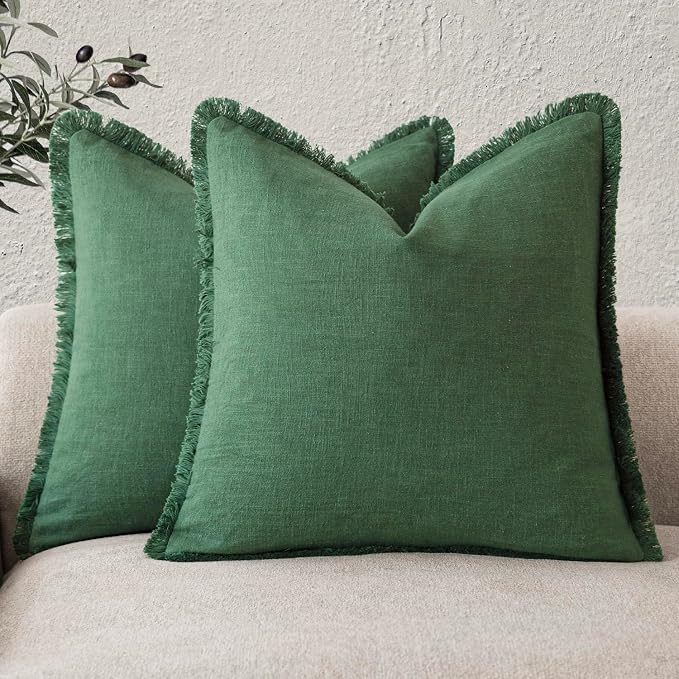 Foindtower Set of 2 Decorative Linen Fringe Throw Pillow Covers Cozy Boho Farmhouse Cushion Cover with Tassels Soft Accent Pillowcase for Couch Sofa Bed Living Room Home Decor, 18×18 Inch, Pine Green