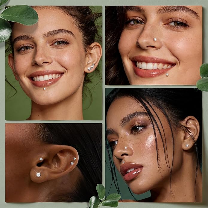 GEMQUEEN 4 Pairs 16G/18G/20G G23 Titanium Implant Grade Nose Studs Threadless Flat Back Earrings Hypoallergenic Flatback 5A CZ Cartilage Helix Tragus Conch Tiny Lip Piercing Jewelry for Women Men